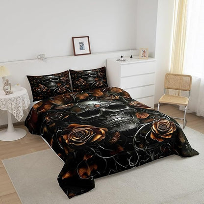 Erosebridal Gothic Bedding Set for Adluts Kids Teens Goth Skull King Size Comforter Set Vintage Victorian Romantic Orange Rose Floral Quilt Spooky Grunge Skeleton Boho Horror Bedding,Gothic Decor