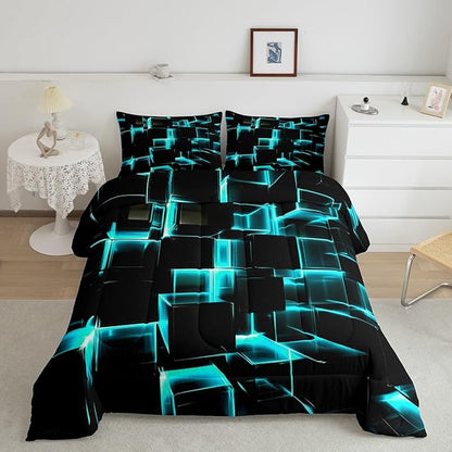 Erosebridal Modern Kids Comforter Set, 3D Plaid Square Print Queen Size Bed Set for Teen Boys, Black and Teal Soft Microfiber Bedding Sets for All Seasons, 3 Piece