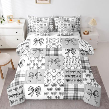 Feelyou Gray Bow King Comforter Set with Sheets for Kids Boys Girls Princess Bow 7 Pieces Bedding Set Cute Bowknot Bed in a Bag Kawaii Room Decor Soft Lightweight Microfiber