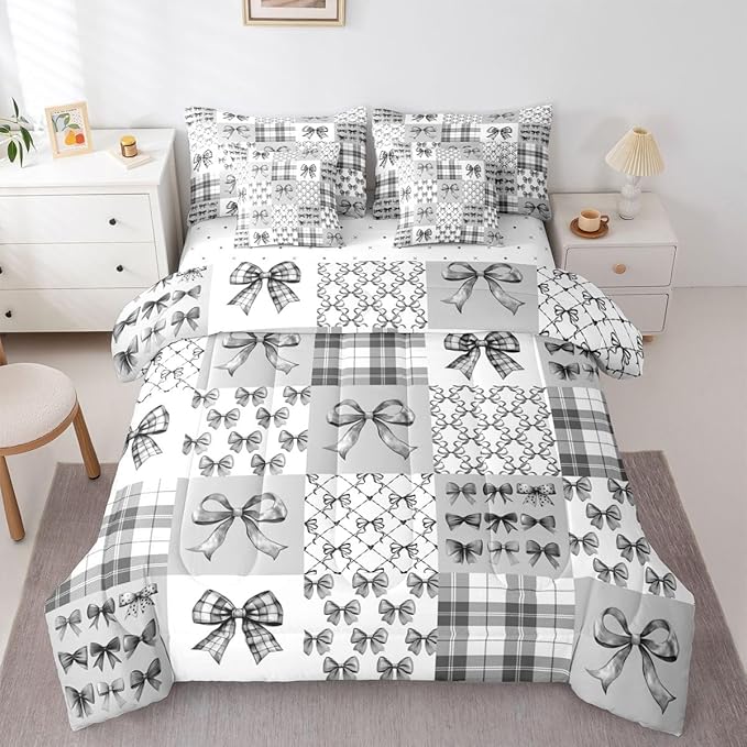 Feelyou Gray Bow Full Comforter Set with Sheets for Kids Boys Girls Princess Bow 7 Pieces Bedding Set Cute Bowknot Bed in a Bag Kawaii Room Decor Soft Lightweight Microfiber