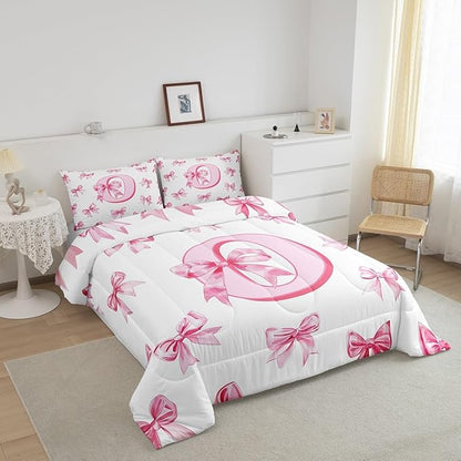 Erosebridal Dreamy Princess Bowknot Girls Queen Bedding Set Kids Pink Initial Letter O Bedding Comforter Sets Cute Kawaii Letter Bow Comforter Set Romantic Chic Bowknot Quilt Duvet 3 Pcs