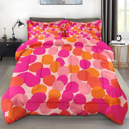 Comforter Set Queen Size, Pink Orange Colorful Soft 3 Pcs Bedding for Kids and Adults, Fruit Retro Leaves Comforter Set with Pillowcase, for Bedroom Bed Decor