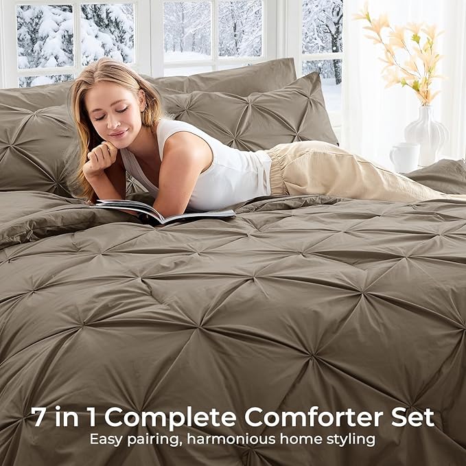 Sasttie Full Size Comforter Set, 7-Piece Bed in a Bag Double, Pintuck Bedding Set for All Season, Includes Comforter, Flat Sheet, Fitted Sheet, Pillowcases and Pillowshams, Brown