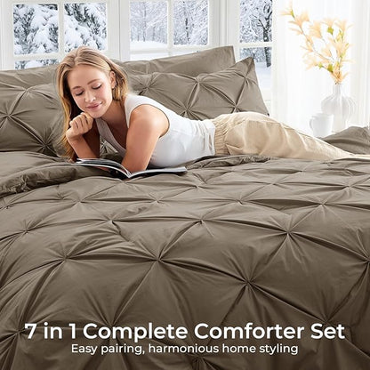 Sasttie Full Size Comforter Set, 7-Piece Bed in a Bag Double, Pintuck Bedding Set for All Season, Includes Comforter, Flat Sheet, Fitted Sheet, Pillowcases and Pillowshams, Brown
