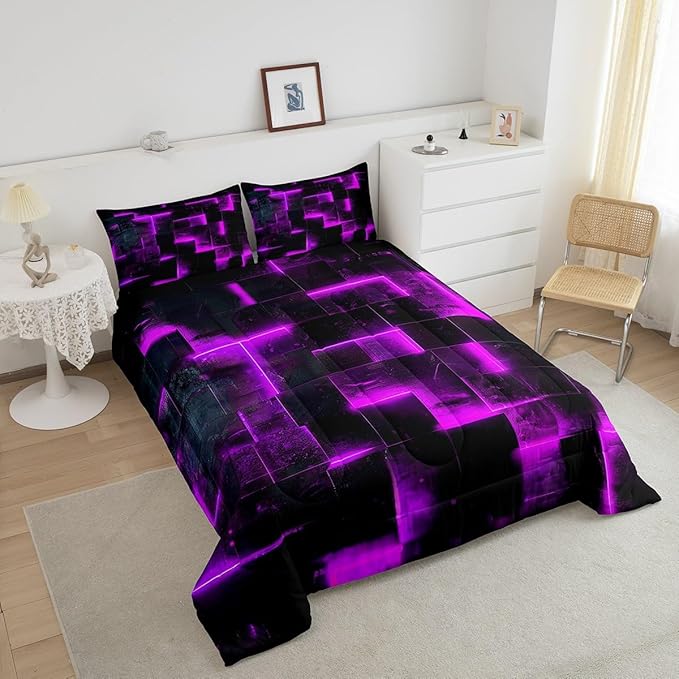 Black Purple Abstract Comforter Twin Gradient Square Twin Bedding Set, Grid Down Comforter Neon Checkered Bed Set Glowing Plaid Quilted Duvet 3D Modern Bedroom Decor 2pcs (Black Reversible)