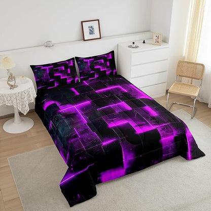 3D Geometric Bedding Set King Abstract Aesthetic King Comforter, Black and Purple Duvet Insert Glowing Futuristic Cubes Quilt Comforter, Neon Grid Bedding Comforters & Sets 3-Piece (Black Reversible)