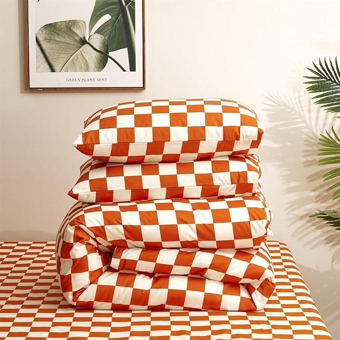 Houseri Burnt Orange Plaid Comforter Set Queen White and Rust Grid Bedding Sets for Women Girls Caramel Red Blanket Boys Men Reddish Brown Queen(90''*90''-Comforter)