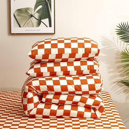 Houseri Burnt Orange Plaid Comforter Set Queen White and Rust Grid Bedding Sets for Women Girls Caramel Red Blanket Boys Men Reddish Brown Queen(90''*90''-Comforter)