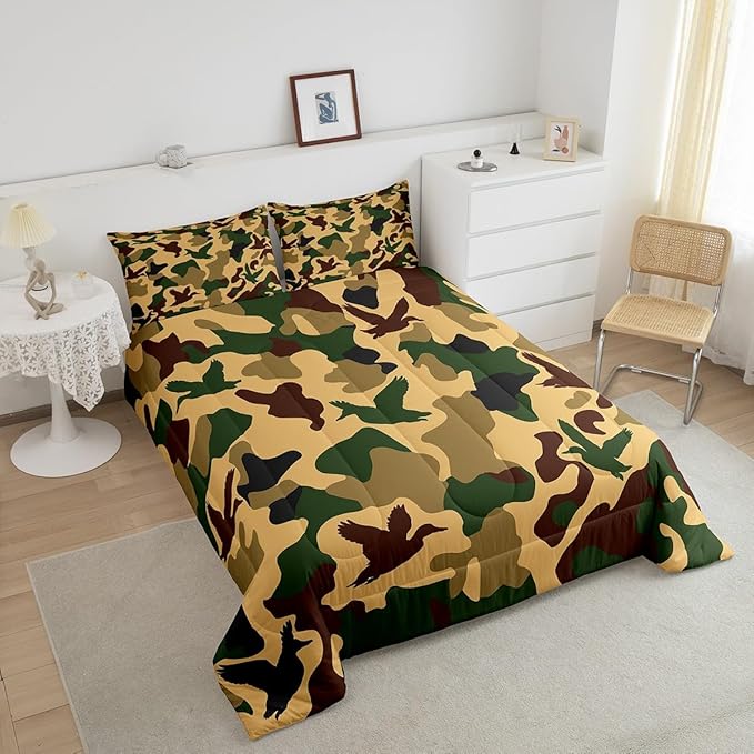 Erosebridal Camo Duck Comforter Set Queen Size Camouflage Bedding for Kids Hunting Farmhouse Camping Comforter Vintage Army Green Yellow Room Decor Wild Animal Rustic Duvet Set