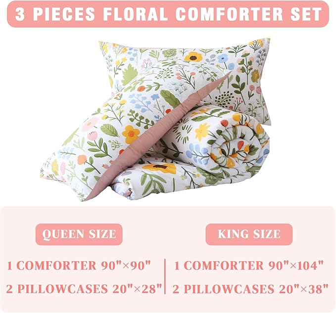 King Comforter Set Pink 3 Pieces Bed in a Bag, Colorful Floral Bedding Sets Elegant Botanical Bed Set, Lightweight Soft Comforter with 2 Pillowcases for All Season