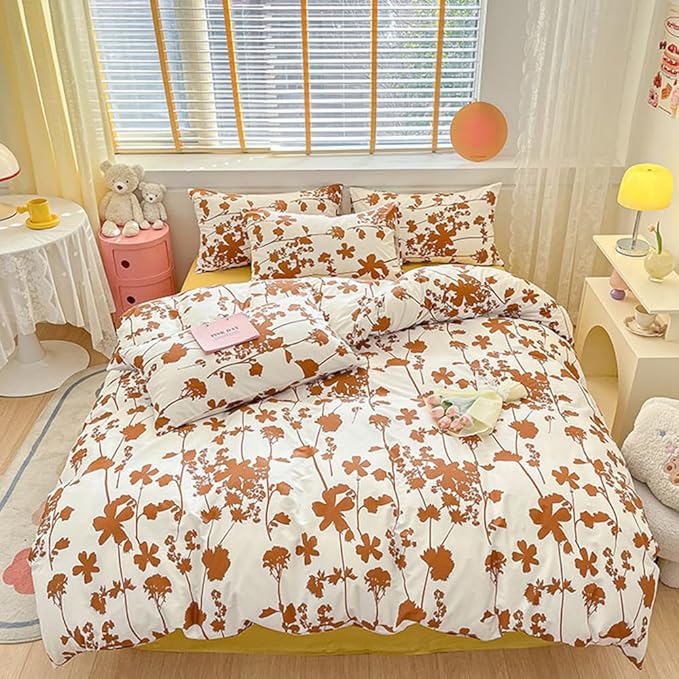 CLOTHKNOW Brown Floral King Size Comforter Set Botanical Bedding Comforter Sets Women Girls Comforter White Brown Comforter with 2 x Pillow Cases