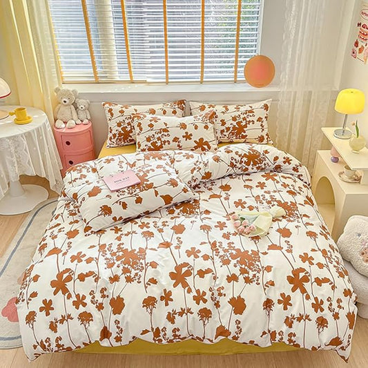 CLOTHKNOW Brown Floral King Size Comforter Set Botanical Bedding Comforter Sets Women Girls Comforter White Brown Comforter with 2 x Pillow Cases