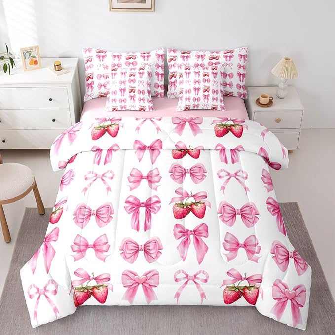 Feelyou Pink Cute Strawberry Bow Comforter Set Queen Size 7 Pieces Strawberries Bedding Set for Kids Boys Girls Kawaii Bowknot Bed in a Bag with Comforter, Sheets, Pillowcases, Cushion Covers