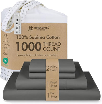 Threadmill Luxury Supima Cotton Sheets, Luxury 1000 Thread Count 100% Soft Cotton Sheets for Full Size Bed, 4 Pc Dark Grey Bed Sheets Full Set, 5-Star Hotel Quality Deep Pocket Bed Sheets Set