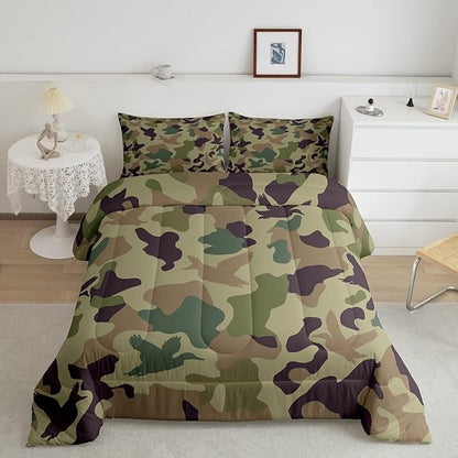 Erosebridal Camo Comforter Set Toddler Size Army Green Bedding for Kids Farmhouse Camouflage Hunting Comforter Vintage Brown Room Decor Wild Duck Rustic Animal Duvet Set