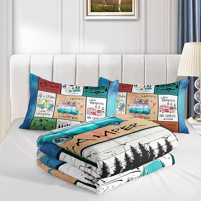 HOSIMA Happy Camping Decor Comforter Set,Cartoon Camper Bedding Queen Size for Kids Teen Girls Boys Room Decor,Camper Accessories for Travel Trailers Themed Bedding with 2 Pillowcases.