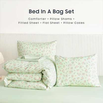 Wake In Cloud - Floral Comforter Set with Sheets, Coquette Cottagecore Aesthetic Flower Shabby Chic Pattern for Women Teen Girls, 5 Pieces Bed in a Bag, Green Pink, Twin Size