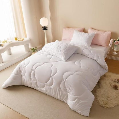 Cottonight White Sunflower Comforter Set - King Size 3 Piece Bedding Set - Soft Breathable Solid White Floral Bedding Set - Women Girls Boho Farmhouse Chic Blanket Quilts