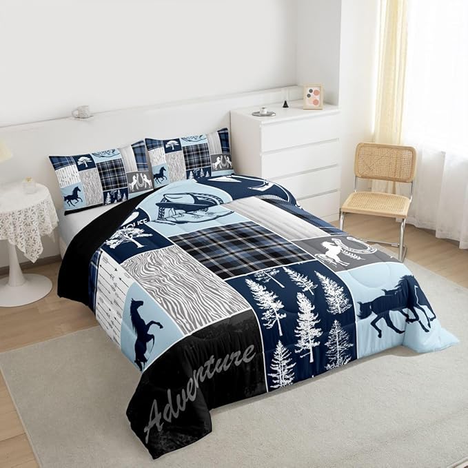 Erosebridal Hunting Horse Comforter Set Queen Size, Rustic Cabin Lodge Bedding Set Western Horseshoe Duvet Insert Arrow Southwest Cowboys Cowgirls Down Comforter Vintage Adventure Bedroom Decor,Blue