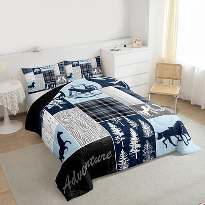Erosebridal Hunting Horse Comforter Set Full Size, Rustic Cabin Lodge Bedding Set Western Horseshoe Duvet Insert Arrow Southwest Cowboys Cowgirls Down Comforter Vintage Adventure Bedroom Decor,Blue