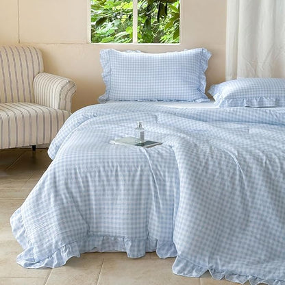 NSNLGSGC Light Blue Ruffle Gingham Comforter Set Queen, Pre-Washed Ruffled Plaid Checked Comforter Bedding, 3 Pieces Vintage Farmhouse Grid Bedding Set(Blue Gingham, Queen)