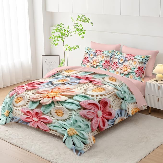 7 Piece Colorful Floral Comforter Set King Size，King Size Teen Girl Floral Bedding Set，(1 Comforter, 1 Flat Sheet, 1 Fitted Sheet, 2 Pillowcase and 2 Pillow Sham)