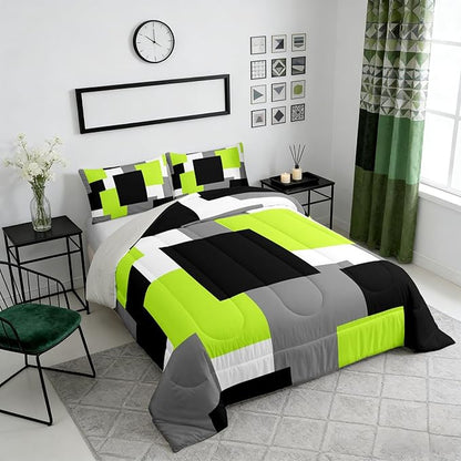 Castle Fairy Modern Abstract Bedding Set for Boys Girls,Geometric Grid Square Splicing All Season Cozy Comforter Set Full Size,Green Grey Black Duvet Set Bedroom Decor,Personalized Birthday Gifts
