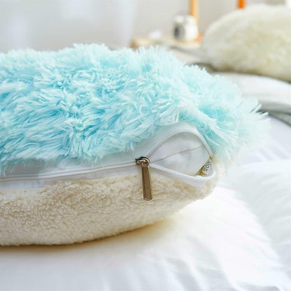 MOOWOO Fluffy Heart Pillow Gift for Girls Kids, Shaggy Plush Faux Fur and Sherpa, Cute Soft Throw Cushion Gift for Thanks Giving,Mothers Day,Valentines Day Decor,Heart Shaped (Blue)