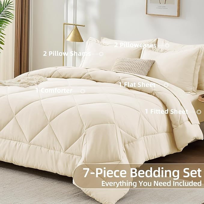 FUANNA 7 Pieces Full Size Comforter Sets, All Season Bedding Sets Full Size, Luxury Soft Bed in a Bag with Comforter, Flat Sheet, Fitted Sheet, Pillowcases & Pillow Shams, Cream White
