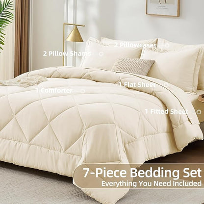 FUANNA 7 Pieces Full Size Comforter Sets, All Season Bedding Sets Full Size, Luxury Soft Bed in a Bag with Comforter, Flat Sheet, Fitted Sheet, Pillowcases & Pillow Shams, Cream White