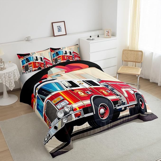 Erosebridal Fire Truck Bedding Set for Boys, Cartoon Fire Rescue Vehicle Comforter Set Child Car Down Comforter, Bedroom Decorations Quilted Duvet for Kids Teens Child Teenager Girls, Twin Size
