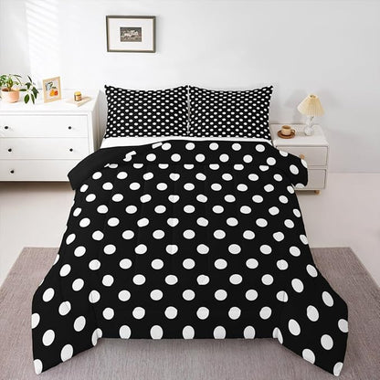 Manfei Polka Dots Comforter Set Twin Size,Cartoon French Style Dots Black White Bedding Set for Kids Teens,Modern Geometric Circles Abstract Simple Art Comforter,2 Pcs 1 Pillowcase
