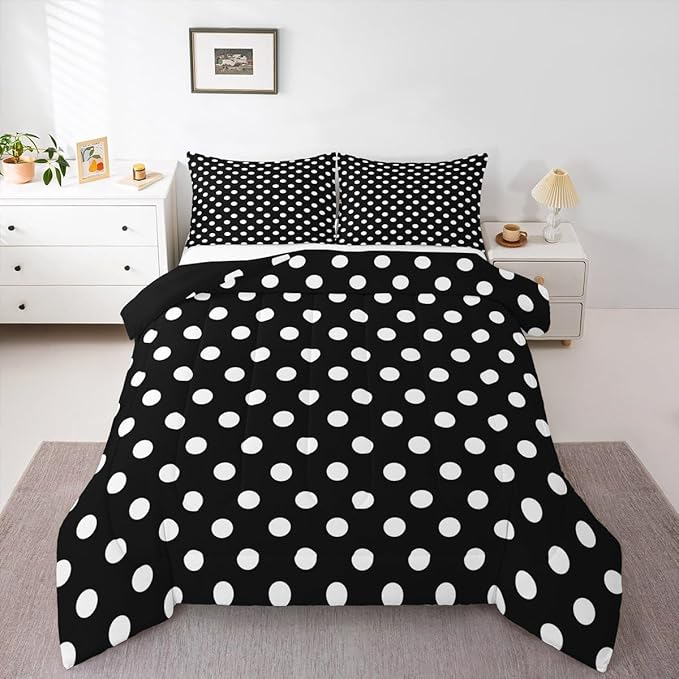Manfei Polka Dots Comforter Set Full Size,Cartoon French Style Dots Black White Bedding Set for Child Young,Modern Geometric Circles Abstract Simple Art Comforter,3 Pcs 2 Pillowcases