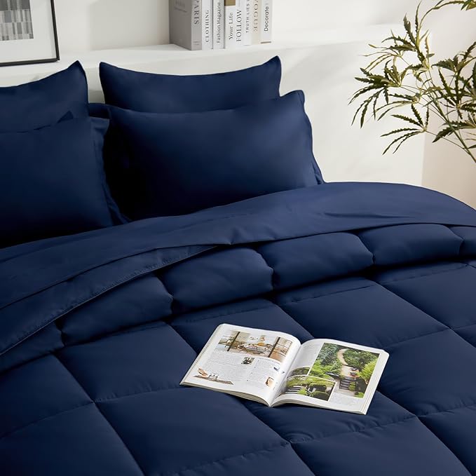 COZYART King Comforter Set 7 Pcs, Navy Blue Bed in a Bag, All Season Lightweight Soft Reversible Bedding Set, 1 Comforter, 1 Flat Sheet, 1 Fitted Sheet, 2 Pillow Shams, 2 Pillowcases