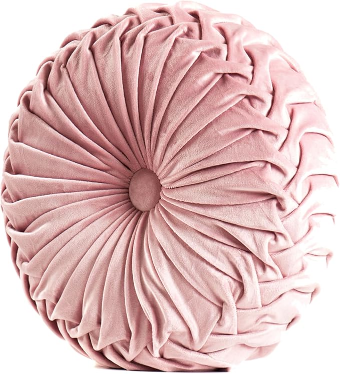 Round Throw Pillow Velvet Home Decoration Soft Pleated Pumpkin Round Floor Cushion for Couch Chair Bed Car Decorative(Pink14inch)