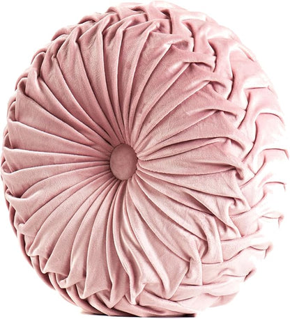 Round Throw Pillow Velvet Home Decoration Soft Pleated Pumpkin Round Floor Cushion for Couch Chair Bed Car Decorative(Pink14inch)