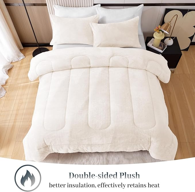 YIYEA Fluffy Queen Size Comforter Set, Luxury Faux Fur Comforter, Ultra Soft Plush Fuzzy Velvet Bedding Comforter Sets for Fall Winter, Cozy Warmth, No Shedding, 3PC, Queen, Ivory