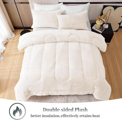 YIYEA Fluffy Queen Size Comforter Set, Luxury Faux Fur Comforter, Ultra Soft Plush Fuzzy Velvet Bedding Comforter Sets for Fall Winter, Cozy Warmth, No Shedding, 3PC, Queen, Ivory