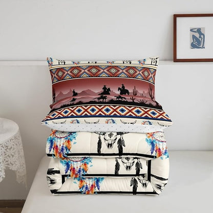Horse Decor Western Comforter Set Twin,Farm Animals Quilt Indian Tribal Geometric Aztec Bedding Sets,Exotic Dream Catchers Feather Duvet Insert Farmhouse Western Room Decor,Red