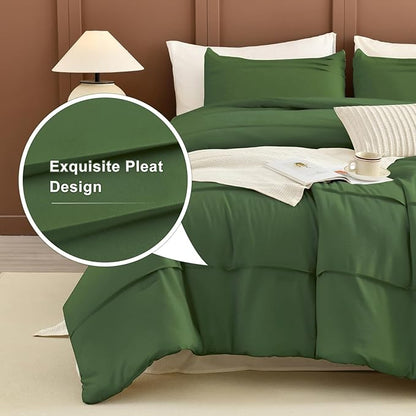 Masaca Oversized King Comforter 128"x120",Olive Green Pinch Pleated Extra Large King Bedding Comforter Set,Soft Lightweight Rustic Farmhouse Boho Dark Green Bedding 3 Pieces