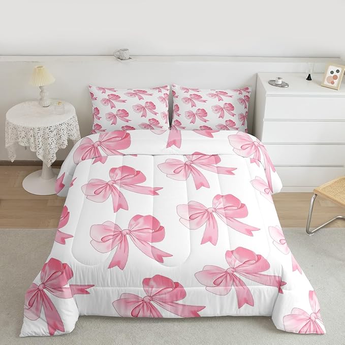 Erosebridal Pink Princess Bow Comforter Set King Cute Cartoon Bowknot Bedding Set for Kids Girls Teen Women,Romantic Coquette Bow Tie Comforter Girly Kawaii Butterfly Knot Bed Set