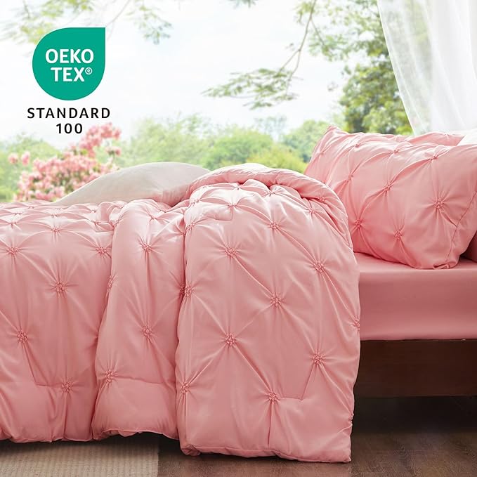 BEDELITE Pink Comforter Set Full - 3 Peices Boho Pintuck Bedding Comforter Sets, Lightweight Soft & Warm Twin Bedding Sets with 2 Pillowcase for All Season