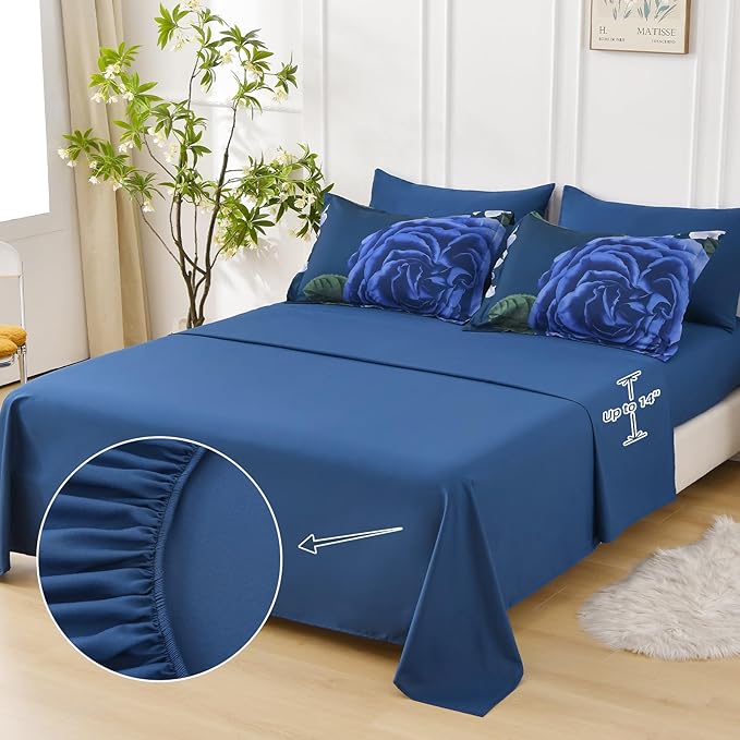 Drucon Blue Floral Comforter Set Queen, 7 Pieces Bed in a Bag Botanical Floral Comforter Soft Microfiber Dark Blue Bedding Set Queen Size Bed with Sheet and Pillowcase