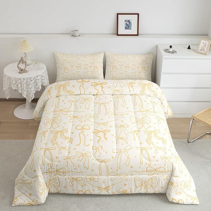 Castle Fairy Bowknot Kids Comforter Set Twin Size,Cartoon Bow Tie Butterfly Knot Quilt Set for Girls Boys Woman,Princess Girls Bedding Set,Bow Stars Love Yellow Girly Duvet Insert,1 Pillowcase