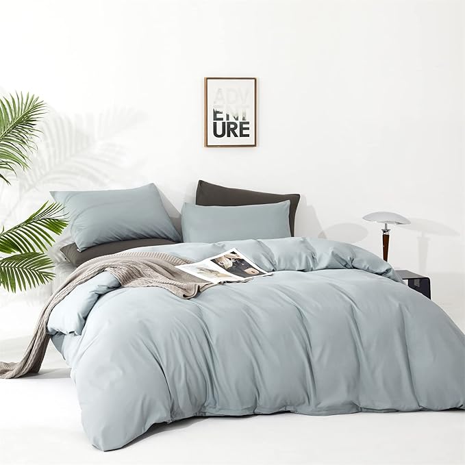 Cottonight Blue Comforter Set King Light Blue Bedding Comforter Set Solid Haze Blue Blanket Quilts Modern Soft Breathable Simple 3 Piece Baby Blue Comforter Set for Women Men King Bed
