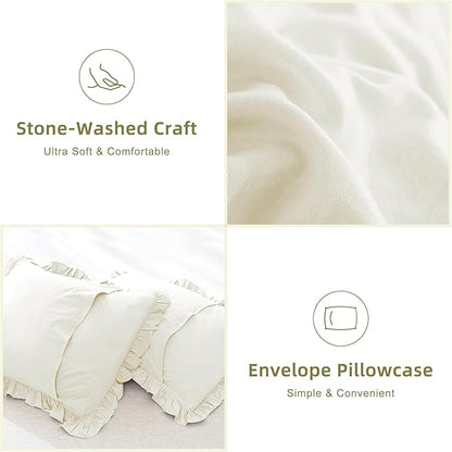 QSH Ruffle Comforter Set King Size, Shabby French Country Chic Bedding Ivory Comforter Sets, 3 Pieces Farmhouse Lightweight Boho Comforter Set for Bed, Ultra Soft Microfiber Fluffy Bedding
