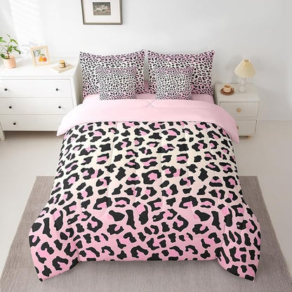 Feelyou Pink Leopard Bedding Set for All Season Cheetah 7 Pieces Comforter Sets King Size Teens Room Decor Animal Print Bed in a Bag with Comforter, Sheets, Pillowcases & Cushion Cover