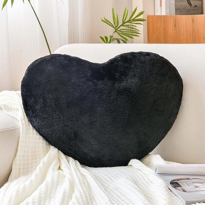 Black Heart Pillows, Cute Heart Decorative Pillow, Heart Shaped Throw Pillows for Bed, Faux Rabbit Fur Plush Hoom Decor Pillow Cushion for Chair Sofa Living Room (Large-19.6"x15.7")