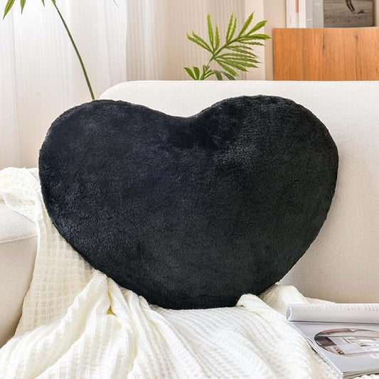 Black Heart Pillows, Cute Heart Decorative Pillow, Heart Shaped Throw Pillows for Bed, Faux Rabbit Fur Plush Hoom Decor Pillow Cushion for Chair Sofa Living Room (Mini 12.9" x 9.8")