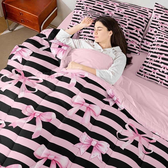 Erosebridal Kawaii Cute Pink Black Girls Bowknot Full Comforter Set 7 Pieces | Bow Y2K Kids Bed in A Bag for Bedroom Geometric Bedding Set with Comforters Stripe Room Decor
